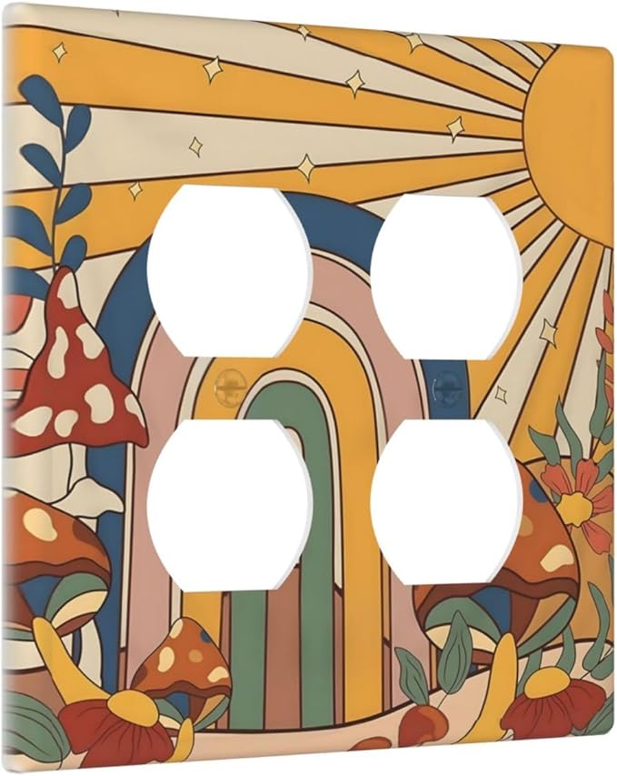 Boho Sun Rainbow Mushroom Hippie Vintage Floral Outlet Covers 2 Gang Double Duplex Decorative Light Switch Covers Electrical Wallplates Socket Faceplate for Kids Room Nursery Decor