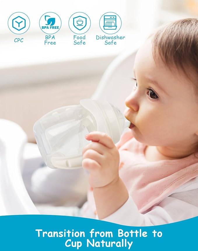 Sippy Cup Soft Spout Conversion Kit for Evenflo Balance Plus Wide Neck Baby Bottles, Toddler Transition Kit with Silicone Sippy Spout Nipple, Weighted Straw, Bottle Handle, Cleaning Brush, 3 Pack, 6m+