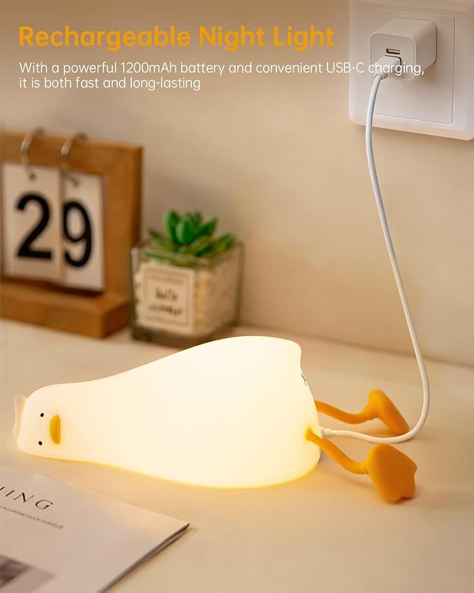 Luditek Laying Flat Duck Night Light, 3 Level Touch Dimmable Rechargeable Beside Nursery Lamp, Squishy Kawaii Stuff Desk Dorm Room Decor, Nightlight for Breastfeeding Baby Kids Girls Gifts