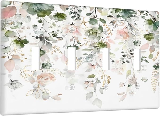 Green Pink Floral Flower Rustic Eucalyptus Leaves Wildflower Light Switch Covers Quad Toggle Electrical Faceplate 4 Gang Wall Plate Decorative Switch Plates Cover for Bedroom Living Room Decor