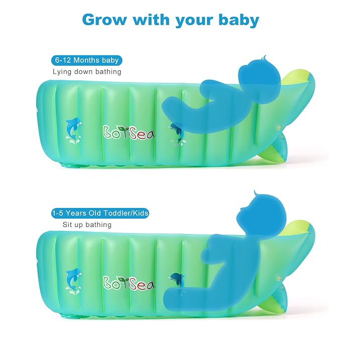 Inflatable Baby Bathtub, Boysea Toddler Bath Tub with Anti-Sliding Saddle Horn Helps Infants to Toddler Tub, Portable Travel Shower Basin with Air Pump, Back Support (Green)