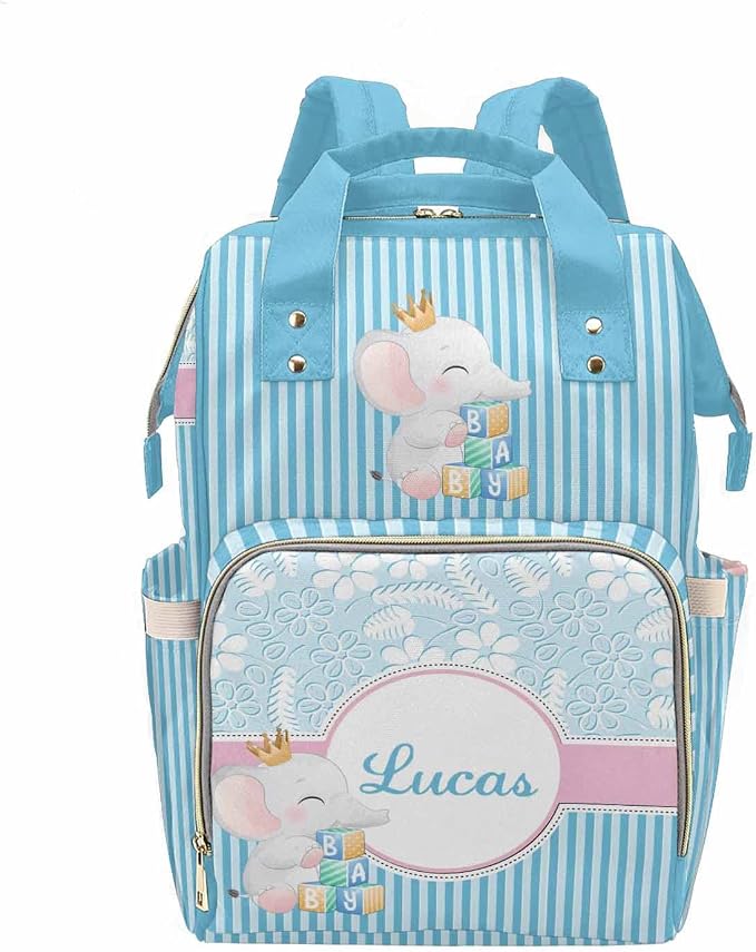 M YESCUSTOM Custom Bag with Name Personalized Blue and White Stripes Diaper Bag Backpack Customized Cute Animal Mommy Bag