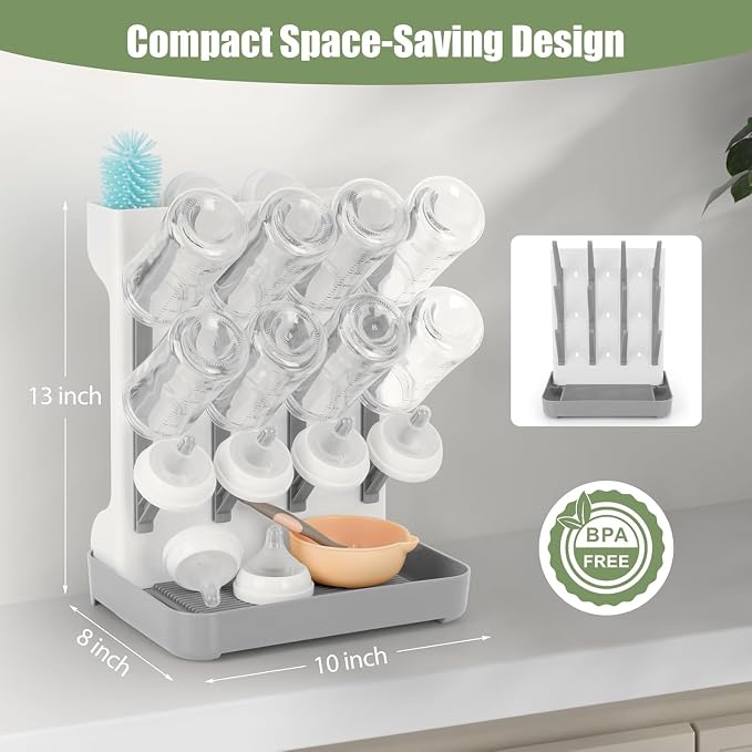 Baby Bottle Drying Rack, 2PCS Space Saving Baby Bottle Organizer for Countertop, Vertical Bottle Dryer Holder with Brushes Holder, Large Bottle Storage Holder 12 Bottles & Baby Accessories