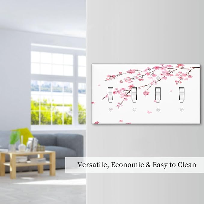 Watercolor Cherry Blossoms Flowers Pink Floral Light Switch Covers Quad Toggle Electrical Faceplate 4 Gang Wall Plate Decorative Switch Plates Cover for Bedroom Living Room Decor