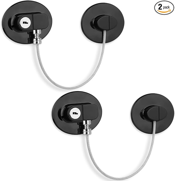 Fridge Lock with Key, Safety Lock for Refrigerator, Cabinet, Drawer, Window – Easy to Install, No Drilling(2 Pack, Oval Black)