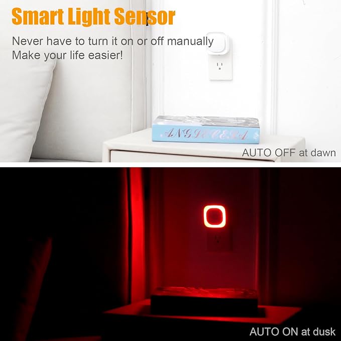 YUNLEX 6 Pack Red Night Light with Dusk to Dawn Sensor, Eye-Care Reflected Glow, 0% Blue Light True Red LED, 3-Level Brightness, Auto On/Off, Plug-in Nightlight for Sleep, Kids, Bedroom, Bathroom