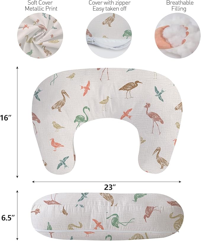 Little Grape Land Nursing Pillow, Breast Feeding Pillows, 100% Cotton Muslin Cover Baby Support Pillow for Bottle Feeding, Sitting, Tummy Time, Machine Washable Cover (Wetland Bird, Upgraded Model)