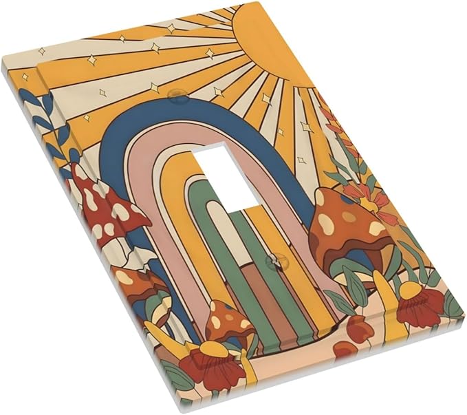 Boho Sun Rainbow Mushroom Hippie Vintage Floral Decorative Light Switch Cover 1 Gang Single Toggle Device Electrical Faceplate Switchplates Decorator Outlet Wall Plate for Kids Room Nursery Decor