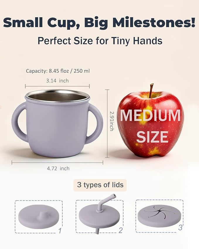 Bakpoco 4-in-1 Stainless Steel Silicone Sippy Cup, 8.5oz Toddler Open Cup with Straw, Sippy & Snack Lids, For Baby Led Weaning, Toddlers 1-3 Years Trainning Kids Drinking, Dishwasher Safe, Lilac