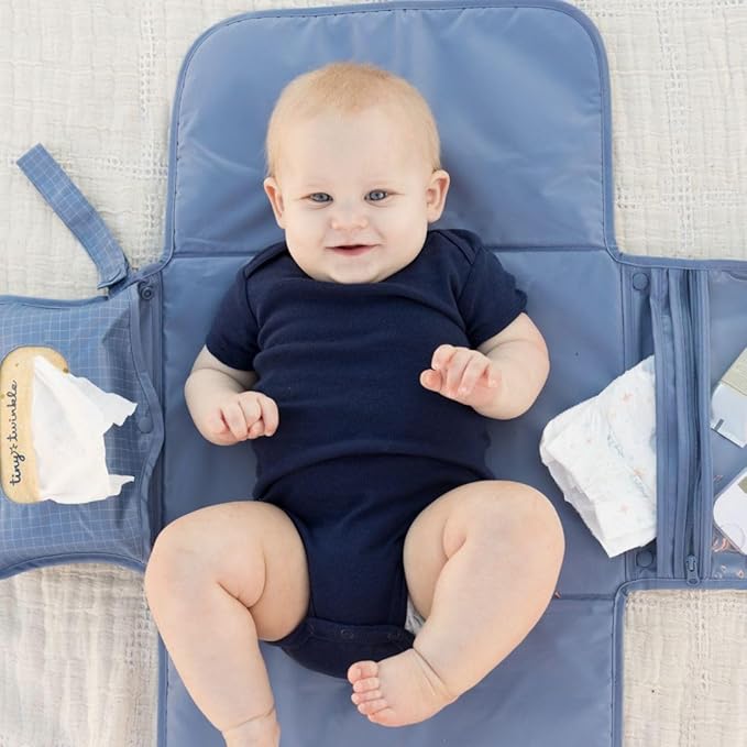 Tiny Twinkle Portable Diaper Changing Pad | Waterproof, Wipeable & Compact Baby Changing Pad for Travel | Smart Wipes Pocket & Organized Storage| Newborn Shower Gift (Grid)