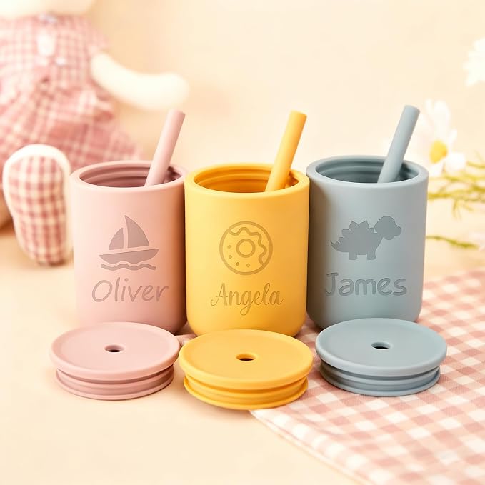 Personalized Silicone Baby Cup with Straw -7oz Leak-Proof, BPA-Free Training Cup for Toddlers - Ideal Baby Shower & Birthday Gift