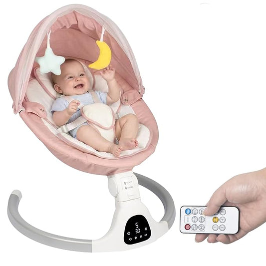 JFOVMCYG Electric Baby Swing for Infants 0-9 Months, Portable Infant Swing with 5 Swing Speeds, Bluetooth Audio, Remote Control, Washable Seat Cover, Pink, Up to 20 lbs