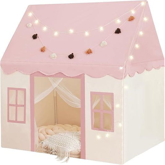 Large Kids Tent with mat, Star Lights, Tissue Garland, Play Tent Indoor & Outdoor, Kids Play Tent for Girl & Boy Aged 3+, Kids Tent for Toddler, 52" x35" x 52" Play House with Windows, Washable, Pink