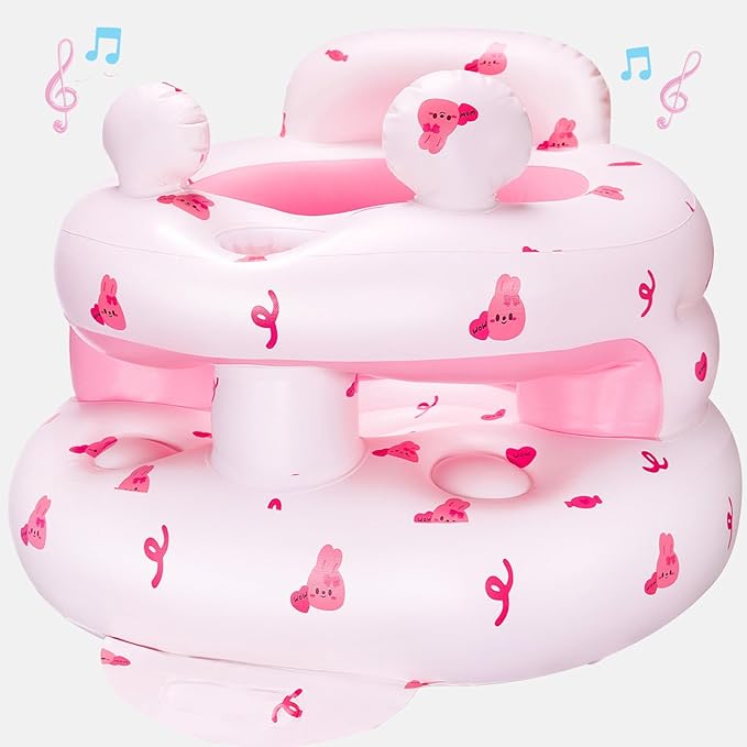Inflatable Baby Seat for Babies 3-36 Monthsï¼?Squeaky Sound & Anti-Fall Design] Inflatable Chair with Sound-Making Ears, Baby Seat for Sitting-Up Practice, Built-in Air Pump (Pink Bunny)