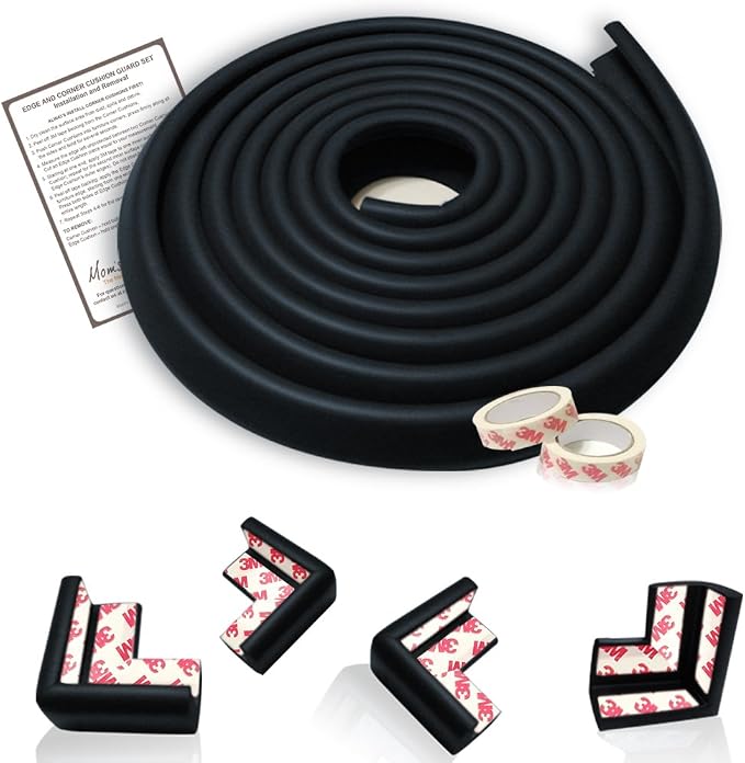 Mom's Besty Extra Dense Child Safety Protectors & Furniture Bumpers Set – 16.2 Ft. Total Coverage (15 Ft. Edge & 4 Taped Corner Guards) - Ebony Black - Free Home Baby Proofing Checklist