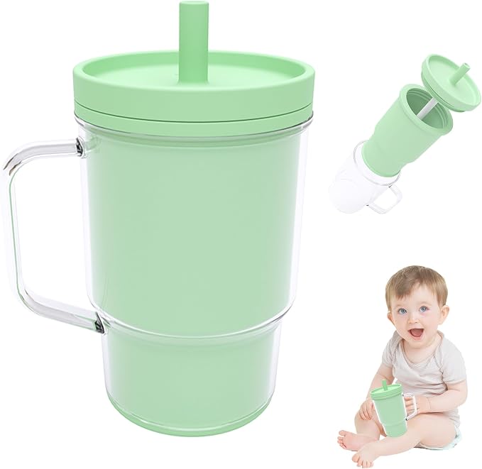 Silicone Sippy Toddlers Cup with Handle & Reusable Silicone Straws for Kids ABS Baby Training Cup with Soft Spout Heat-Resistant, Leak-Proof, Sweat &Spill Proof, No Spill Flip-It 8.8oz (Green)