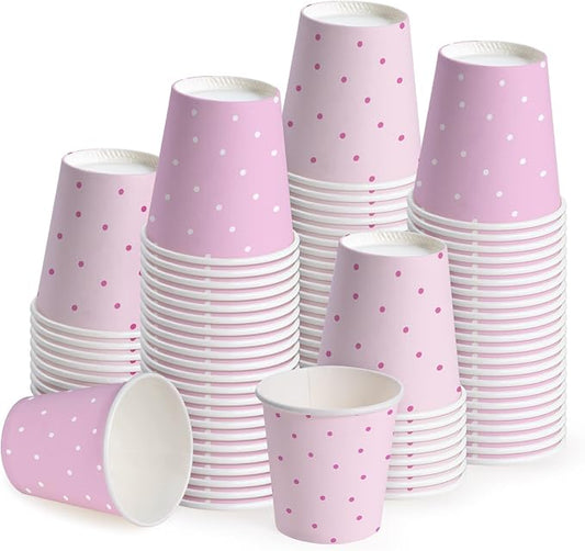 WRAPAHOLIC 3oz Paper Cups - 100 Pack Disposable Bathroom Cups with Pink and White Dot Design, Small Mouthwash Cup for Toothbrush Rinse, Home Bathroom, Picnic, BBQ, Travel and Baby Girl Party