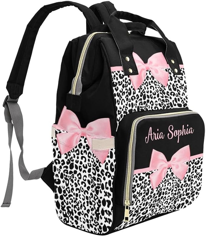 Personalized Diaper Backpack Pink Bow Leopard Print Multi Function Diaper Bag Travel Daypack Nursing Nappy Bag