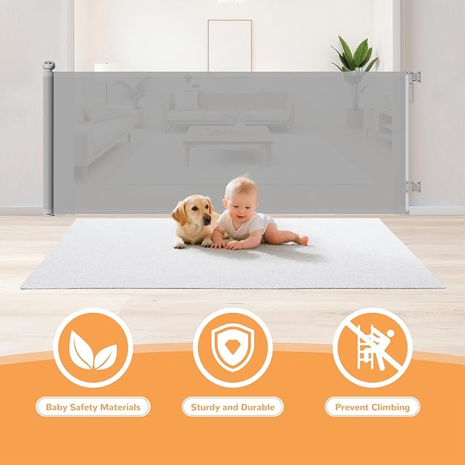 Retractable Baby Gate for Stairs & Doorways, Mesh Safety Gate for Child & Dogs, Child Gate with Door, 34" Tall, Extends Up to 55" Wide Baby Proofing for Home (Gray)