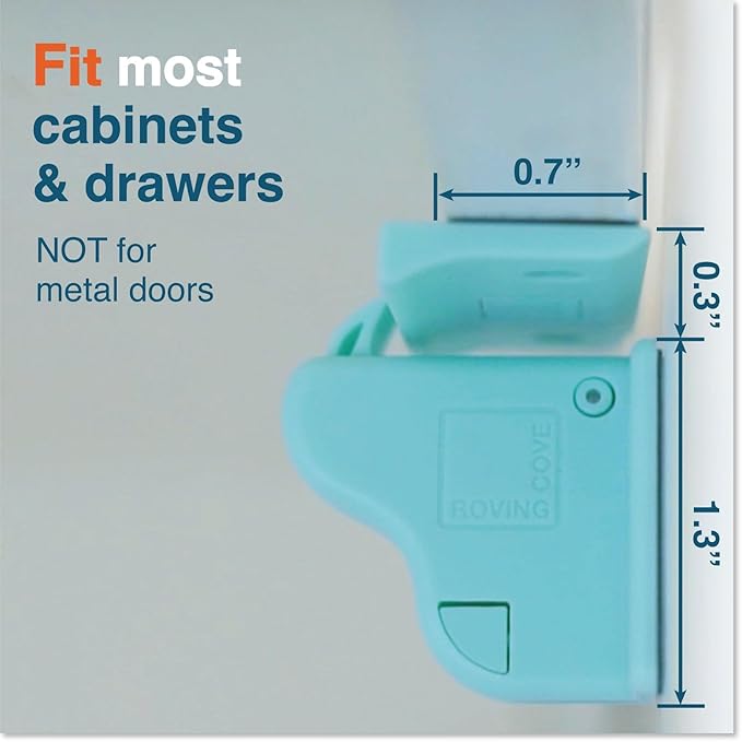 RovingCove Ergonomic Magnetic Cabinet Baby Locks 4-pk, Child Proof Drawer Cupboard Latches, 3M Adhesive, Easy Install with Starter Tape System, 4 Locks 2 Ring Keys