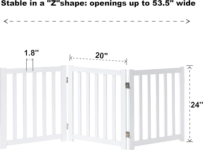 LZRS 3-Panel Wooden Free Standing Foldable Dog Gate Indoor – 24" High,Step-Over Safety Pet Gate for Doorways, Stairs, Hallways, Indoor Dog Barrier for Small to Medium Dogs & Puppies, White