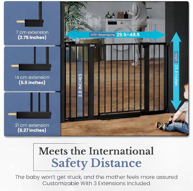 Pressure Mounted Baby Gate for Stairs, Extra Wide 29-48.8 Inch Adjustable, Auto-Close, Double Lock, 29.9" Tall Metal Dog Gates for Doorways, Kitchen & Hallways, CPC & CE Certified, Black