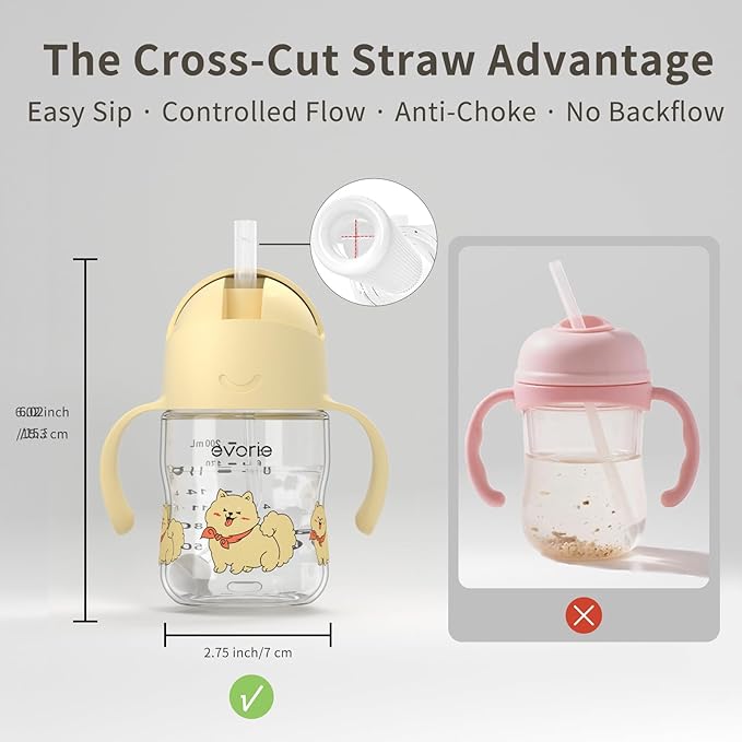 Evorie Tritan Weighted Straw Sippy Cup with Handles for Baby and Toddlers, Spill Proof Baby Water Bottle with Straw for 6 months and up, 7 Oz, Infant Training Water Bottle (Puppy Yellow)