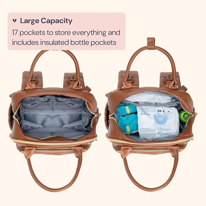 BabbleRoo Leather Diaper Bag Backpack - Baby Essentials Travel Baby Bag, Multi function, Water Resistant, with Changing Pad, Stroller Straps & Pacifier Case ??Unisex, Natural Brown