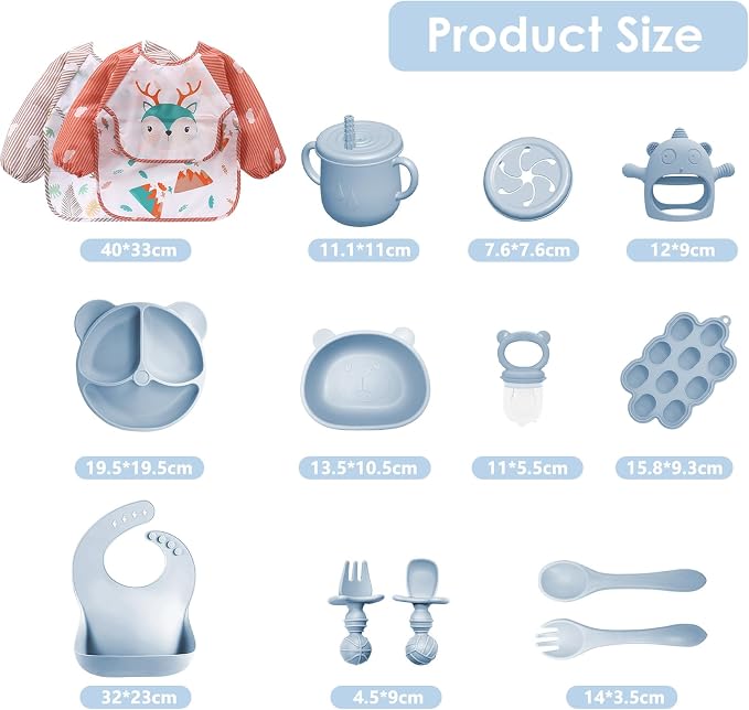 Silicone Baby Feeding Set, 14 Pcs Baby Led Weaning Supplies, Baby Spoons & Forks Suction Bowl Divided Plate Bib Cup, First Stage Solid Food Eating Utensils - 6+ Months (Blue)