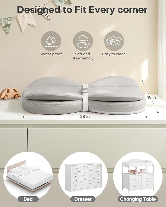 Baby Changing Pad, Waterproof Wipe-Clean PU Leather with High-Density Foam, Non-Slip Raised Edge Contour with Adjustable Safety Strap, for Dresser & Changing Table, 28"×16", Gray