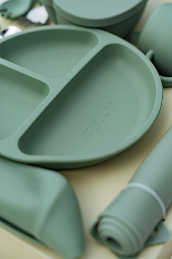 Food-grade Silicone Baby Feeding Set – 10 Pieces | BPA-Free | Includes Plate, Bowl, Sippy cup, 2 Spoons, 2Forks & Bib | Non-Slip, Microwave & Dishwasher Safe – Green