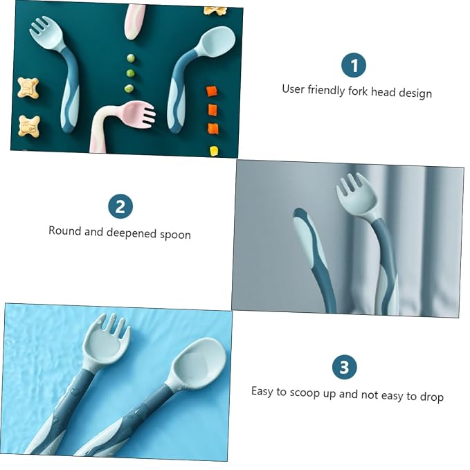 Ciieeo 2 Sets Bendable Silicone Spoon and Fork Food Grade Flexible Feeding Utensils for Safe Soft Tableware Weaning and Dining