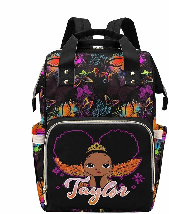 M YESCUSTOM Personalized Name Diaper Bag Custom Colorful Butterfly and Black Women Mommy Nursing Bag for Women/Men Customized Large Capacity for Travel Mother's Day Gift