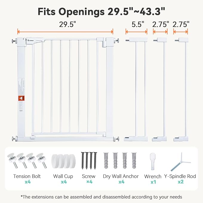 COMOMY 30" Tall Baby Gate for Stairs Doorways, Fits Openings 29.5" to 43.3" Wide, Auto Close Extra Wide Dog Gate for House, Pressure Mounted Easy Walk Through Pet Gate with Door, White
