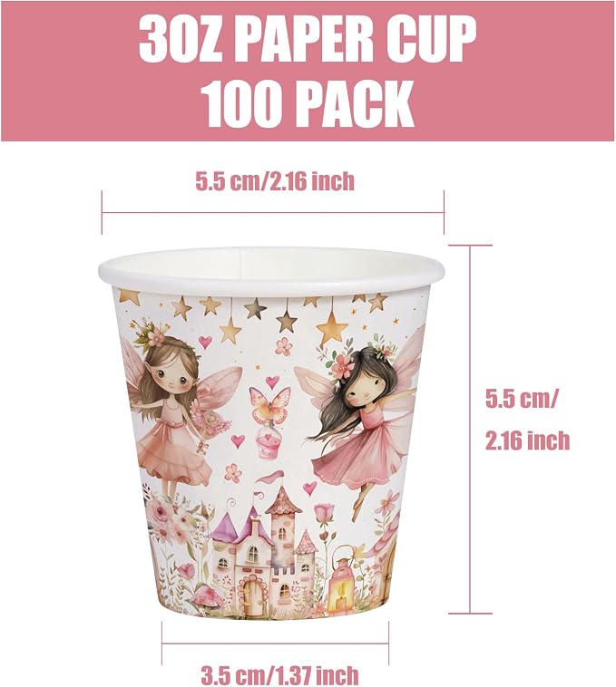 WRAPAHOLIC 3oz Fairy Birthday Paper Cups - 100 Pack Disposable Bathroom Cups with Flower Fairy Castle Design, Small Mouthwash Cup for Toothbrush Rinse, Home Bathroom and Baby Girls Shower