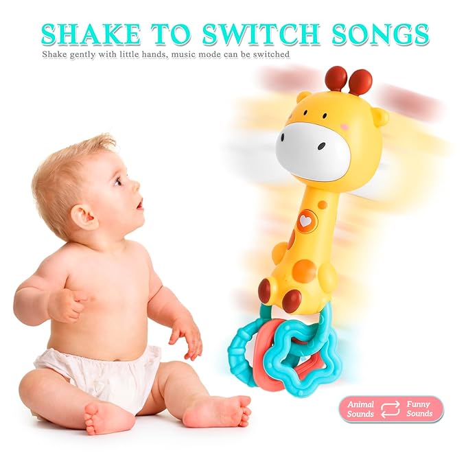 Cute Giraffe Baby Musical Rattle Toy 6-12-18 Months, Light-Up Teether & Sensory Chew Rubber 1st Birthday Gift for 1+ Year Old Boys Girls (Giraffe)