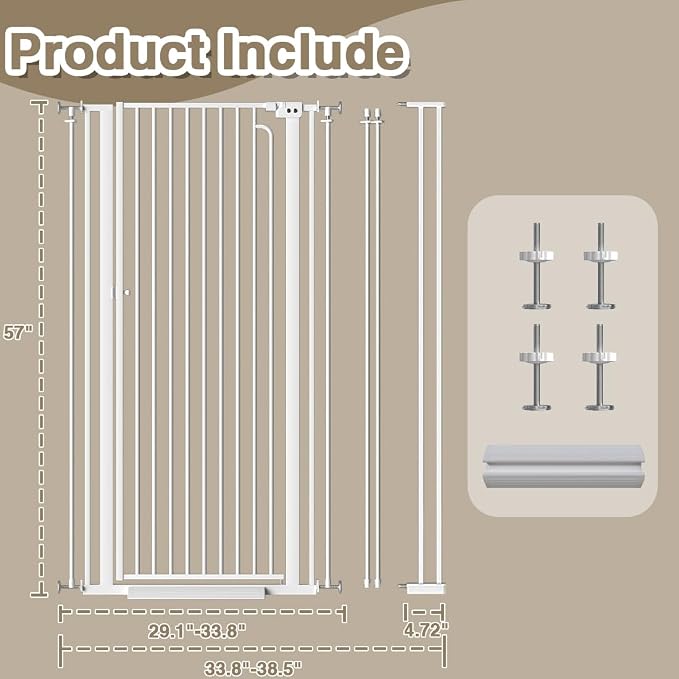 57" Extra Tall Cat Gate for Doorways, 29.5"-38.5" Tall Pet Gates for Cats Walk Through, Auto Close High Baby Gates with Door, Child Safety Gate Indoor Stairs, Cat Proof Gate for Dogs, White