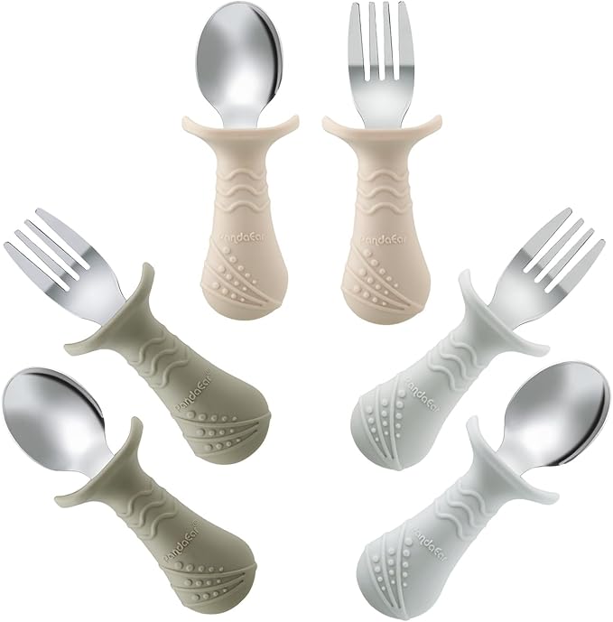 PandaEar Baby Toddler Fork and Spoon Utensil Set, 6 Pack Silicone Stainless Steel Silverware Spoon Fork for Babies Toddler, BPA Free with Silicone Holding Anti-Choke Design (Light Tan&Walnut&Grey)