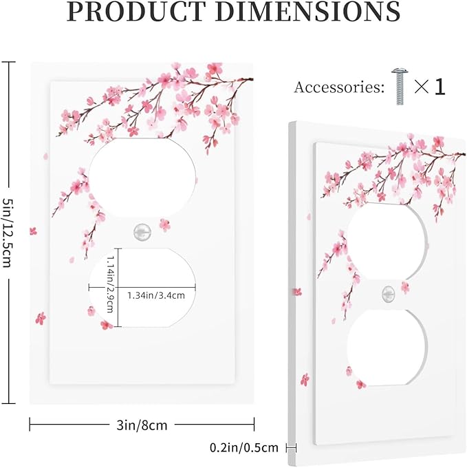 Watercolor Cherry Blossoms Flowers Pink Floral Outlet Covers 1 Gang Duplex Light Switch Cover Decorative Switch Plates Electrical Receptacle Faceplate Wall Plate for Bedroom Living Room Decor