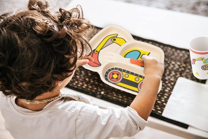 Kids Plate Set, Included Plate Fork and Spoon 3-Piece Set - Toddler Plates Dinnerware Dinner Dish Set Baby Feeding Divided Plate - Child Portion Control Dish Tray (Excavator)