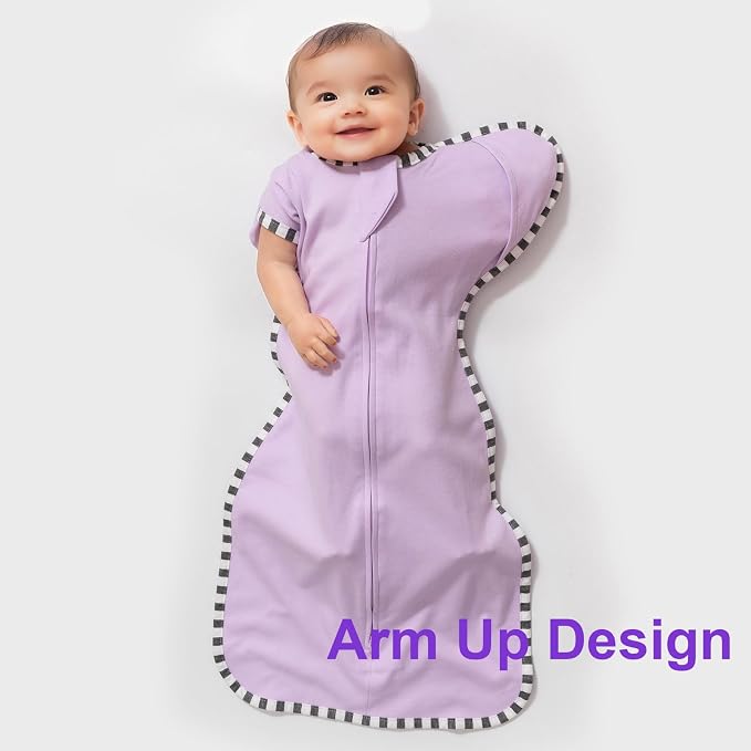 Transitional Baby Sleep Sack 2-Pack, 100% Cotton Newborn Wearable Blanket, Arms Up Design with 2-Way Zipper, Breathable Swaddle for Infants Boys Girls (Purple + Tan, Small 0-3 Months)