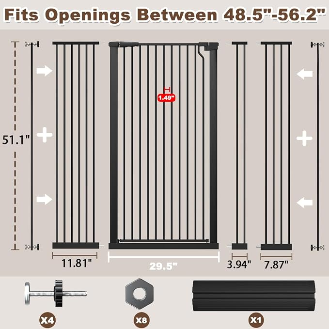 Fairy Baby 51.1" Extra Tall Pet Gates, 48.5"-56.2" Extra Wide Baby Gate for Doorways Hallway Kitchen, Tall Cat Safety Gate Pressure Mounted, Walk Thru Auto Close Metal Dog Gate, Narrow Spacing, Black