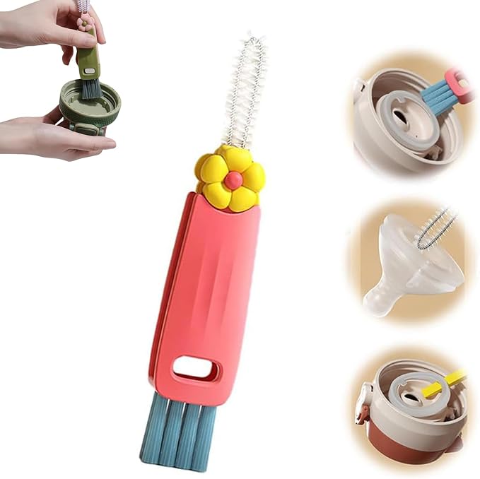 3 in 1 Cup Lid Gap Cleaning Brush, Multifunctional Bottle Cup Lid Detail Brush Straw Cleaner Tools, Portable Cup Lid Cleaner with Brush, Home Kitchen Cleaning Gadgets Tools (Red)