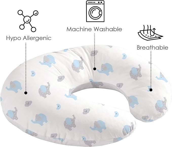 Little Grape Land Nursing Pillow for Breastfeeding, Soft and Supportive Breastfeeding Pillow for Mom and Baby, Cute Feeding Pillow with Removable Cover for 0–12 Months, Blue Elephant