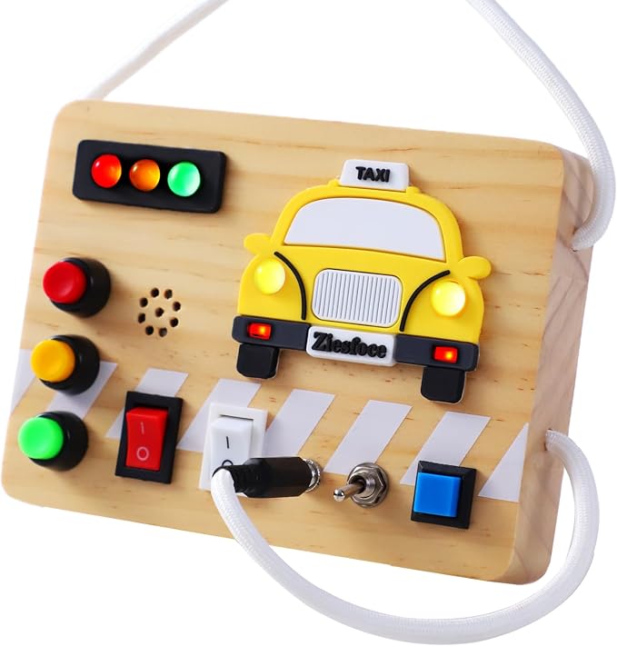 Montessori Busy Board Wooden Sensory Toys with LED Light Up Switch Travel Toys for 1+ Year Old Toddler Baby Boys Girls Gifts (Taxi Busy Board)
