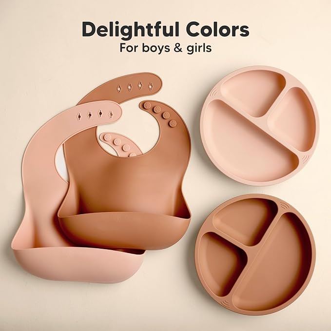 KeaBabies 2-Pack Silicone Bibs for Babies, Toddlers Girl, Boy ??Sturdy Food-Grade Baby Bibs for Eating, Large Food Catcher, Clean & Put On Easily, Waterproof Toddler Feeding Essentials (Dusk)