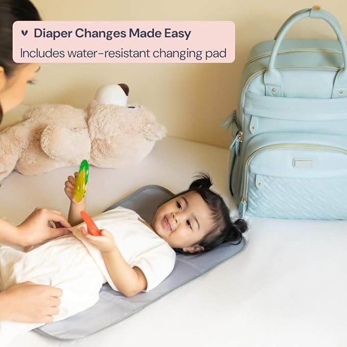 BabbleRoo Leather Diaper Bag Backpack - Baby Essentials Travel Baby Bag, Multi function, Water Resistant, with Changing Pad, Stroller Straps & Pacifier Case ??Unisex, Powder Blue