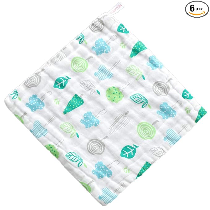 6 Layers of Baby Washcloths Natural Muslin Cotton with Cartoon Printed Design, Newborn Baby Face Towel Perfect Gifts Set of 6, Extra Soft, Breathable, 10x10 Inches (Tree Leaves)