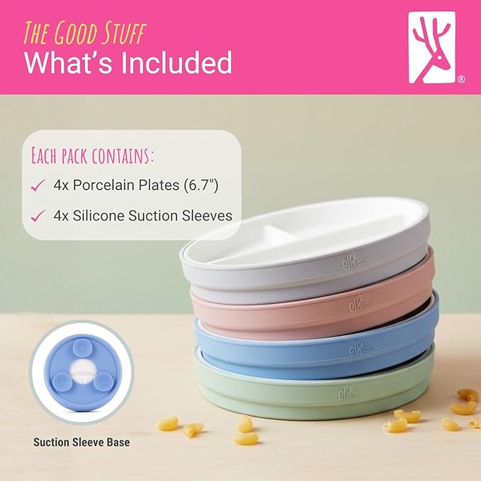 Elk and Friends Kids 6.7??Porcelain Divided Plates with Silicone Suction Sleeves | Suitable for Babies/Kids/Toddlers | Microwave & Dishwasher Safe | Non Slip | Snack Dishes | 4 Pack