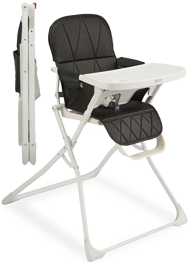 Primo PopUp Folding High Chair for Baby Age 6 to 36 Months - Black Folding Beach Style High Chair with Removable Dishwasher Safe Tray, 3pt Safety Harness, Leatherette Seat - Space Saving Design
